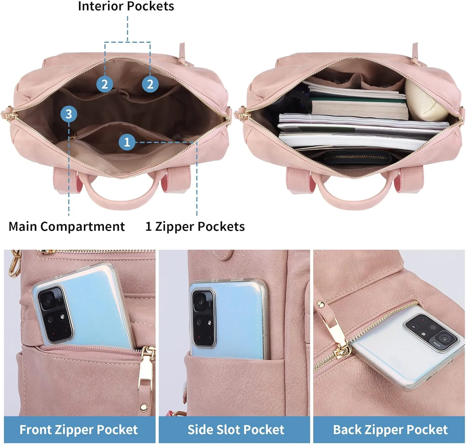 Women Backpack Purse Vintage Rucksack Convertible Shoulder Bag Travel Daypack, 2 Pack Pink