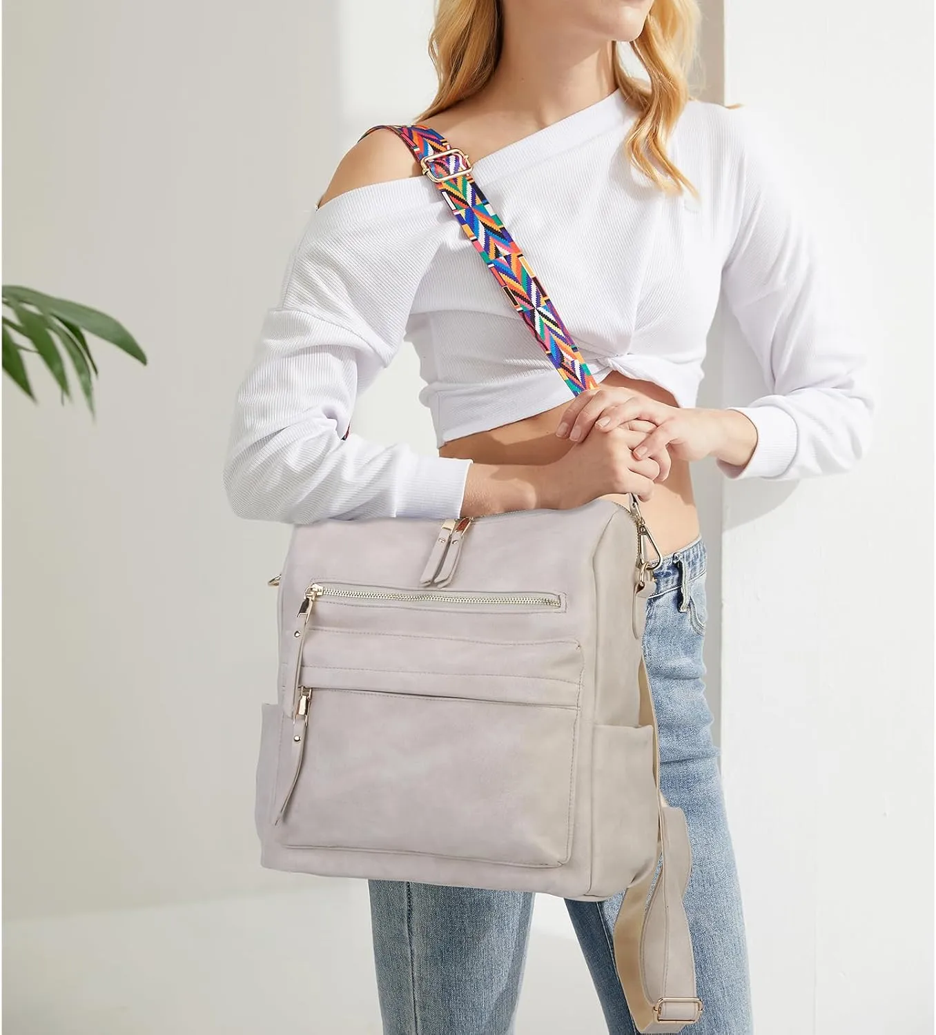Women Backpack Purse Vintage Rucksack Convertible Shoulder Bag Travel Daypack, Off White