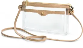 Women's Clear PVC Cross Body Bag Pocket Shoulder Bag with Vegan Leather Trim Transparent Zipper Purse Stadium Approved