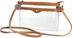 Women's Clear PVC Cross Body Bag Pocket Shoulder Bag with Vegan Leather Trim Transparent Zipper Purse Stadium Approved