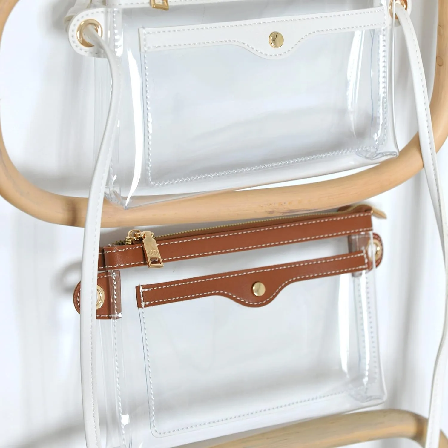 Women's Clear PVC Cross Body Bag Pocket Shoulder Bag with Vegan Leather Trim Transparent Zipper Purse Stadium Approved