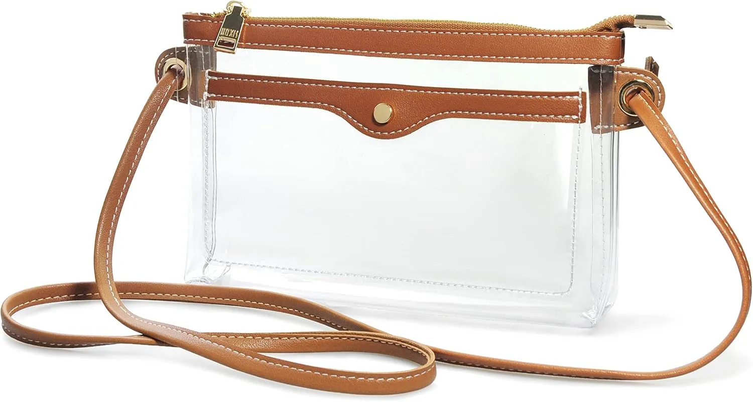Women's Clear PVC Cross Body Bag Pocket Shoulder Bag with Vegan Leather Trim Transparent Zipper Purse Stadium Approved