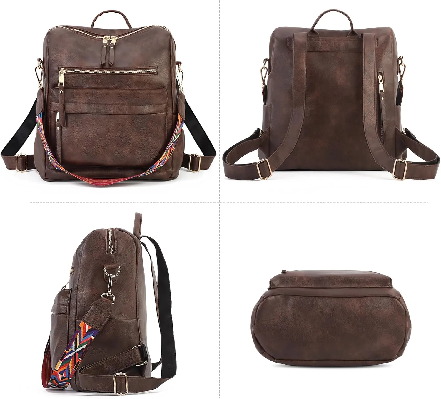 Women's Vintage Washed Leather Backpack Purse, B-Coffee, 33x15x36cm