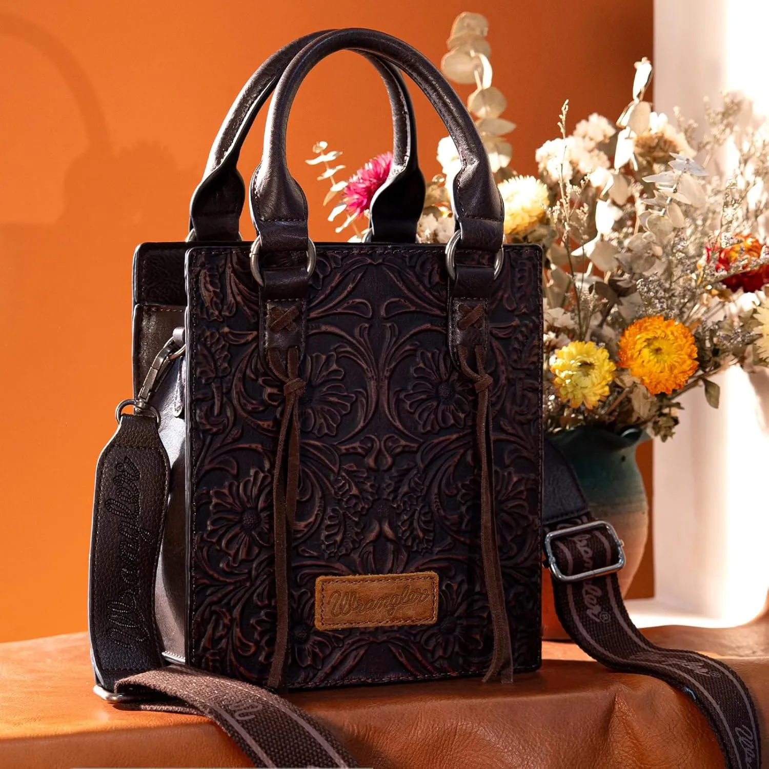 Wrangler Small Crossbody Bag for Women Tooling Top Handle Handbags and Mini Tote Bag