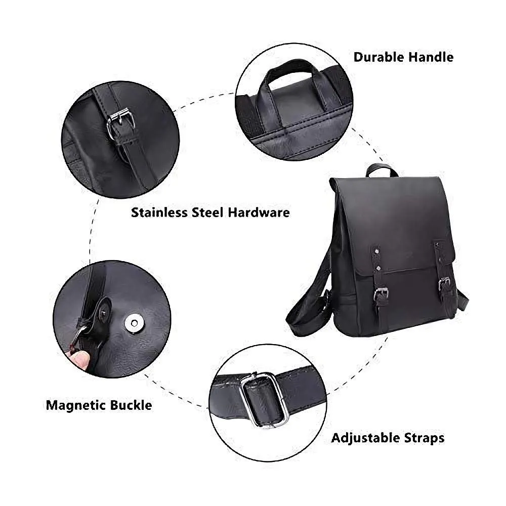 Zebella Womens Vegan Vintage Leather Backpack Faux Leather Laptop Backpack Travel Daypack College Bookbag-Black