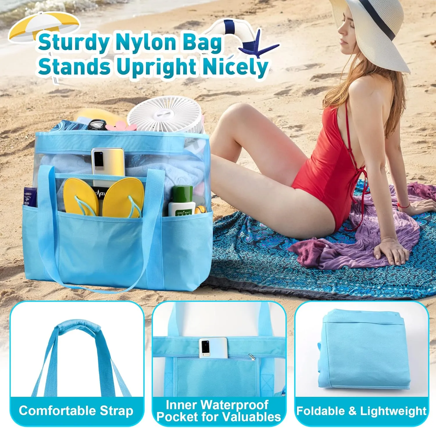 ZUXNZUX Mesh Beach Bag - Large Waterproof Beach Tote Bag with Zipper, Oversized Foldable Lightweight Family Swim Bag Vacation