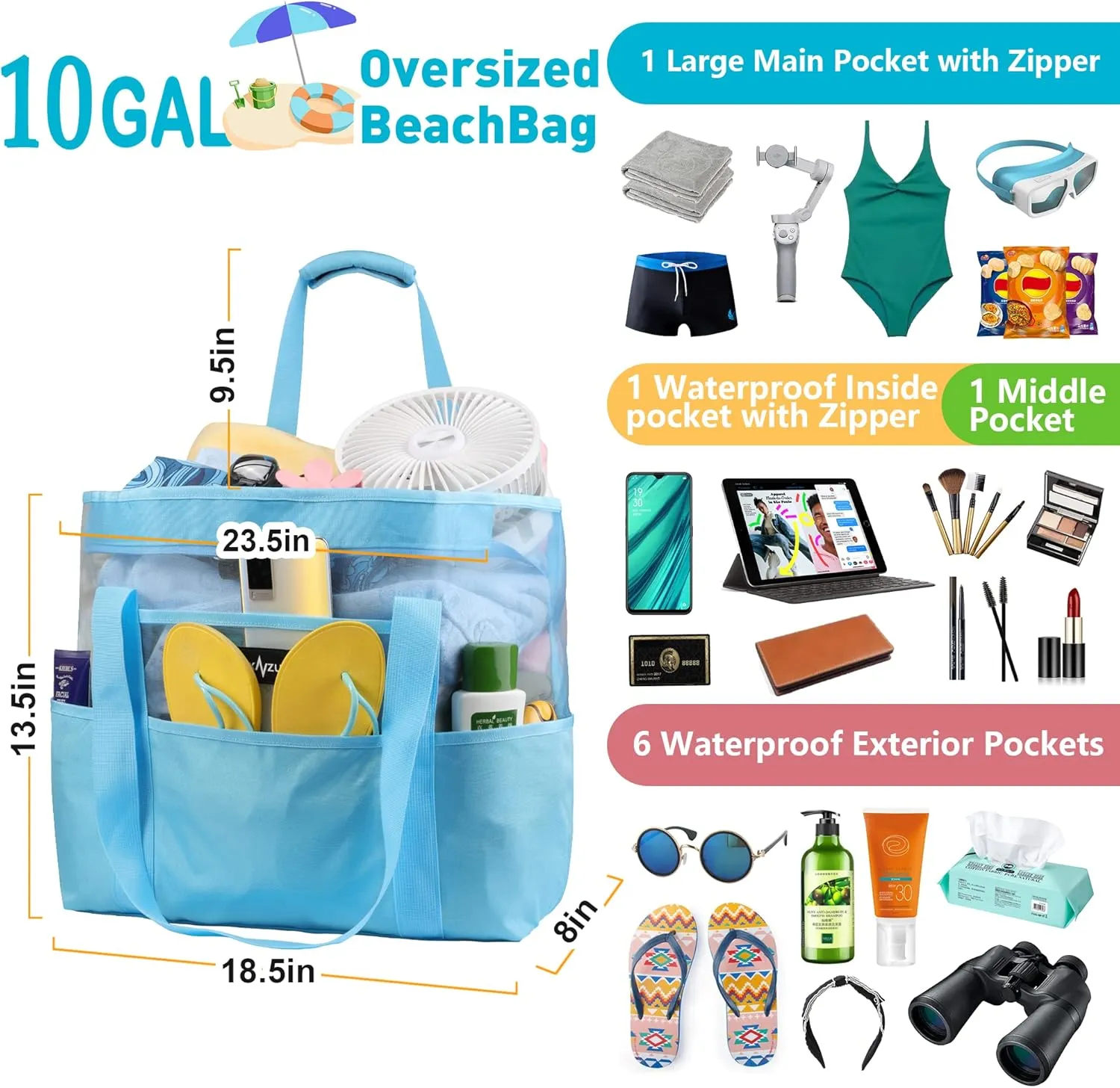 ZUXNZUX Mesh Beach Bag - Large Waterproof Beach Tote Bag with Zipper, Oversized Foldable Lightweight Family Swim Bag Vacation