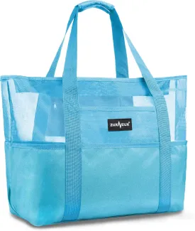 ZUXNZUX Mesh Beach Bag - Large Waterproof Beach Tote Bag with Zipper, Oversized Foldable Lightweight Family Swim Bag Vacation